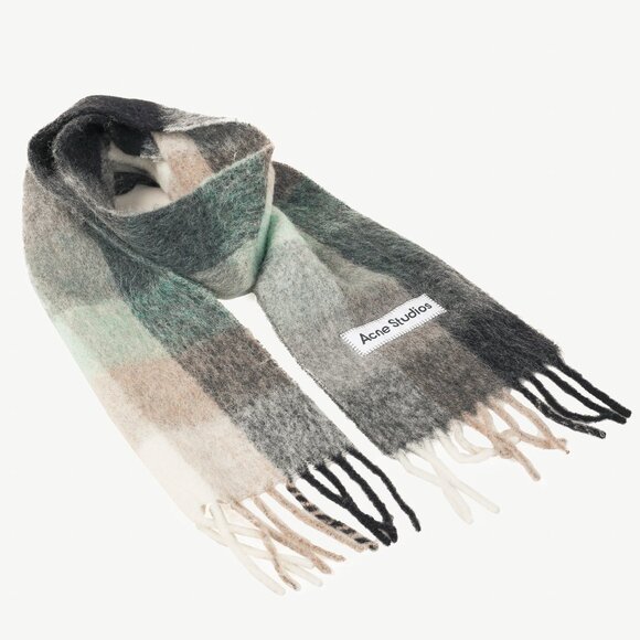 Acne Studios Vally Green, Grey & Black Mohair Checked Scarf - Picture 2 of 5